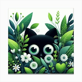 Black Cat In Green Leaves Canvas Print