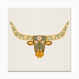 Floral Longhorn   Yellow And Blue Square Canvas Print