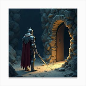 An Armored Knight Discovering A Hidden Door In A Rocky Cave 1 Canvas Print