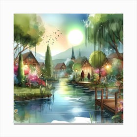 Watercolor Of A Village Canvas Print