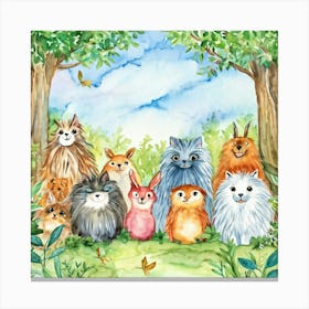 Watercolor Illustration Of A Congregation Of Friendly Fluffy Creatures Each Exhibiting Unique Fur Canvas Print