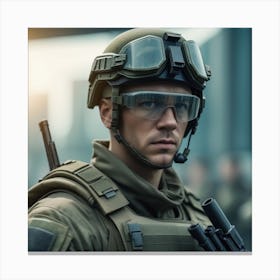 Soldat Forces Sp Ciales Dans Des Lunettes Avec Des Armes Dans Les Mains Sur Fond Futuriste Concept Militaire De L Avenir 0 Canvas Print