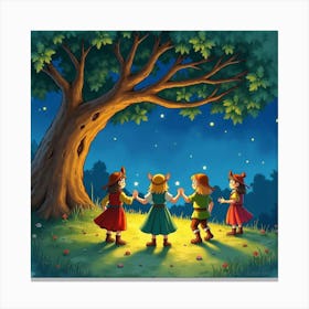 Watercolor Scene Of Hobbits Dancing Under The Party Tree At Night 1 Canvas Print