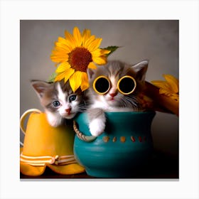 Kittens And Sunflowers In Pots 1 Canvas Print
