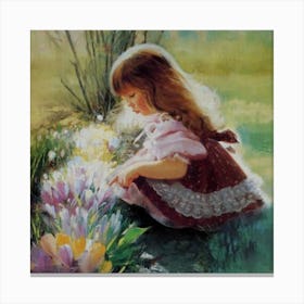 Little Girl Playing With Flowers Canvas Print