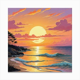 A Painting Of A Sunset With Seagulls Flying Above The Ocean (2) Canvas Print