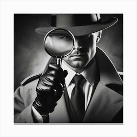 A black and white photo of a man wearing a fedora and trench coat holding a magnifying glass up to his eye, with a serious expression on his face. He is looking at a clue in a crime scene. Canvas Print