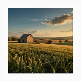 A Rolling Countryside With Golden Wheat Fields And A Quaint Farmhouse In The Distance Canvas Print