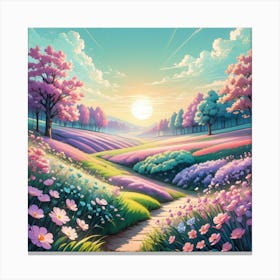 Sunset In The Lavender Field Canvas Print