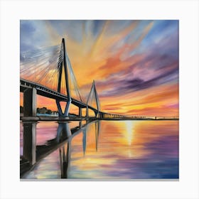 Sunset over the Arthur Ravenel Jr. Bridge in Charleston. Blue water and sunset reflections on the water. Oil colors.1 Canvas Print