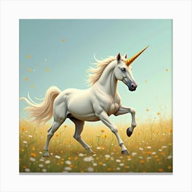 A Golden Horned Unicorn Galloping Through A Field Of Wildflowers Canvas Print