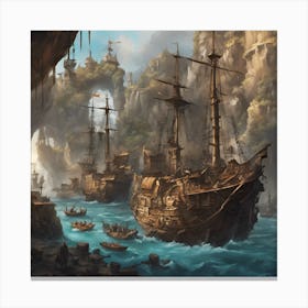 Pirate Ships In A Cave Canvas Print