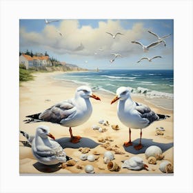 Seagulls On The Shore Square Art Print 3 Canvas Print