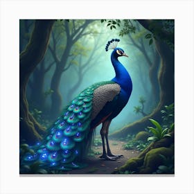 A Vibrant Peacock With A Glowing, Iridescent Tail In A Mystical Forest 1 Canvas Print