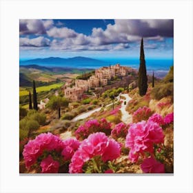 Pink Flowers On The Hill Canvas Print