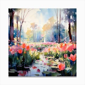 Watercolour Abstract Keukenhof Gardens Netherlands Vintage Botanical Canvas Print