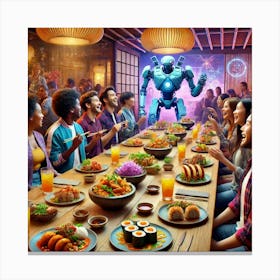 A Lively Dining Scene Featuring Food Adventurers E Canvas Print