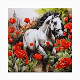 One Horse In Red Tulips Canvas Print