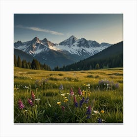 A Serene Alpine Meadow With Wildflowers And A Backdrop Of Snow Capped Mountains Canvas Print