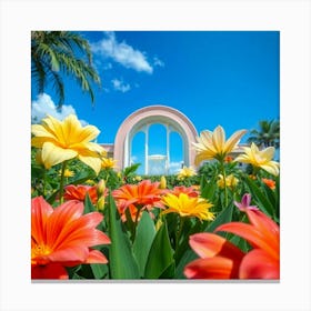 Colorful Flowers In Front Of Arch Canvas Print