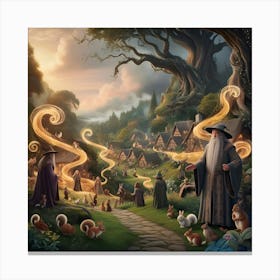 An Enchanting Fantasy Digital Painting Depicting An Elven Village With Woodland Creatures, Wizards, And Magic Visual Effects Portrayed In Jrr Tolkien Style 1 Canvas Print