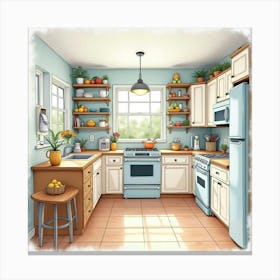 Charming Watercolor Kitchen, Bright And Inviting Details 1 Canvas Print