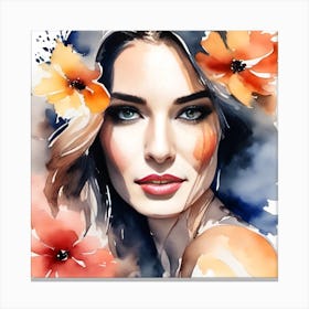 Watercolor Portrait Of A Woman With Flowers Canvas Print