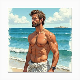 A Watercolor Scene Of A Stunning Greek Man With Chiseled Features By The Sea 1 Canvas Print