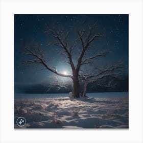 Moonlight On A Tree In A Snowy Field Photo Canvas Print