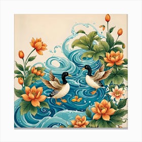 Ducks In Water With Flowers Canvas Print