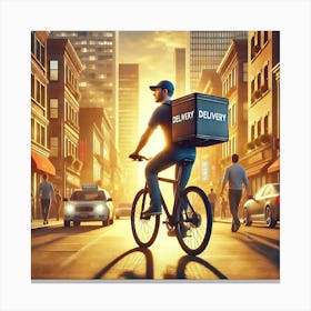 Urban Food Delivery Wall Art: A Dynamic Rider in Action at Sunset for Modern Lifestyle and City Decor Print Art Canvas Print