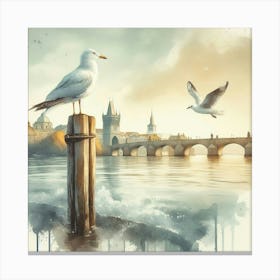 Seagulls On A Post Canvas Print