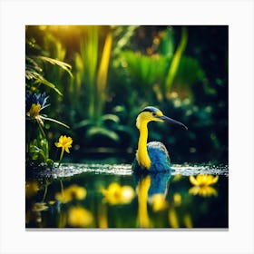 Yellow Necked Blue Bird in Lush Lagoon Canvas Print