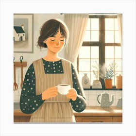 Woman in The Kitchen with Cup of Coffee and Apron Canvas Print