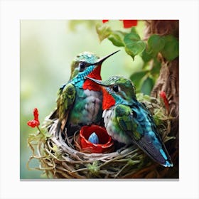 Hummingbirds In Nest Canvas Print