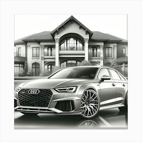 A Pencil Drawing Of A Audi Rs4 In Front Of A Beautiful Modern Mansion 2 Canvas Print