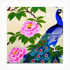 Peacock And Peonies, Japanese Art 4 Canvas Print