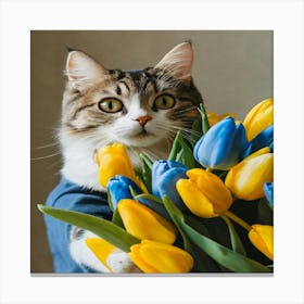 Cat Holding Tulips 1 Canvas Print