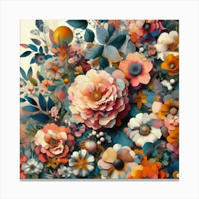 Vibrant Floral Collage Featuring Oversized Blossoms And Foliage, Style Mixed Media Collage 1 Canvas Print