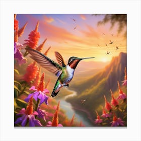 A Ruby Throated Hummingbird Wings In High Speed Motion Hovers Above A Vibrant Array Of Bewildering 413054471 (1) Canvas Print