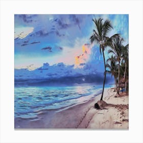 Sunset On The Beach Ocean Sand Palm Trees Palms Canvas Print
