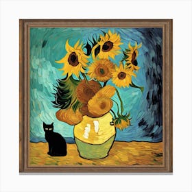 Vase With Three Sunflowers With A Black Cat, Van Gogh Inspired 1 Canvas Print