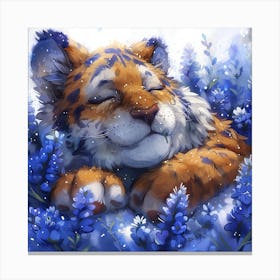 Lena1987 Cute Newborn Tiger In Flowers Blue White Grey Colours Canvas Print