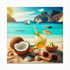 Tropical Beach With Coconut Drink Canvas Print