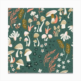 Mushrooms And Florals Pattern On Green Square Canvas Print