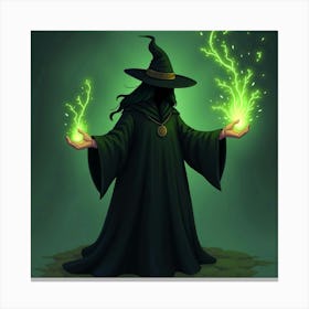 Witch In Black Robes Casting A Green Spell 1 Canvas Print