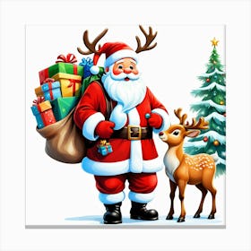 Santa Claus And Deer with Christmas gifts Canvas Print