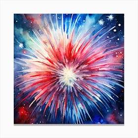 Watercolor Painting Of A Red, White And Blue Fireworks Display Canvas Print