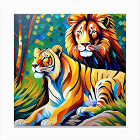 Tiger And Lion Painting Canvas Print