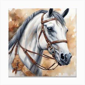 White Horse With Bridle Watercolor Canvas Print